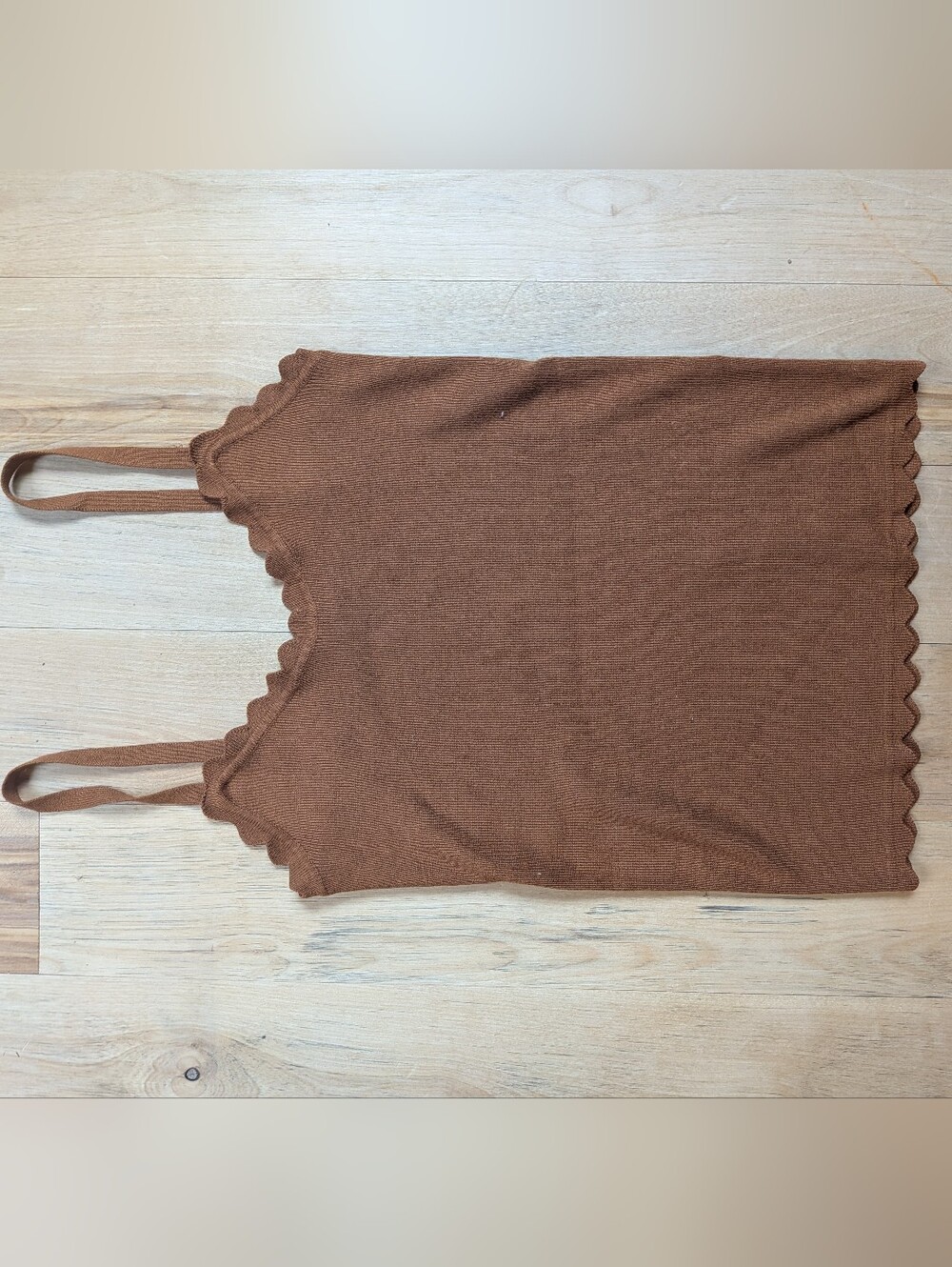 MINE - Brown Scallop-Edge Ribbed Cami Tank Top, S